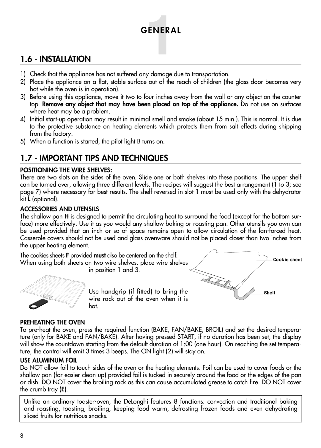 DeLonghi AD699 manual GENERAL1 Installation, Important Tips and Techniques 