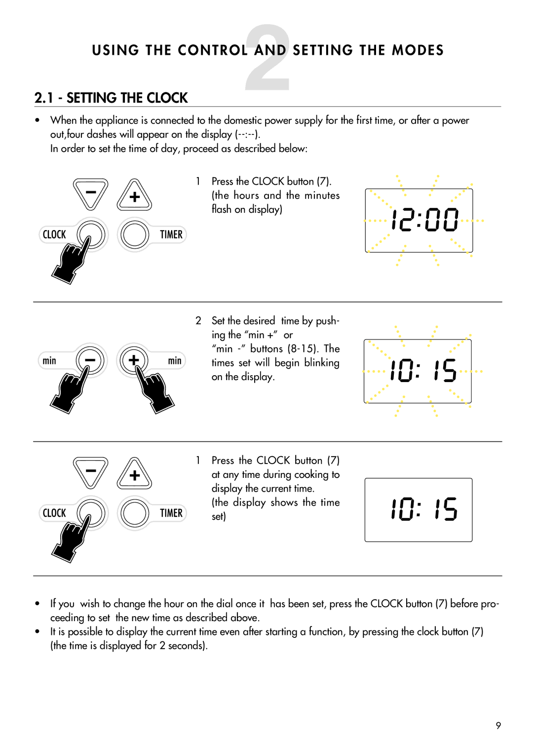 DeLonghi AD699 manual Using the CONTROL2AND Setting the Modes Setting the Clock 