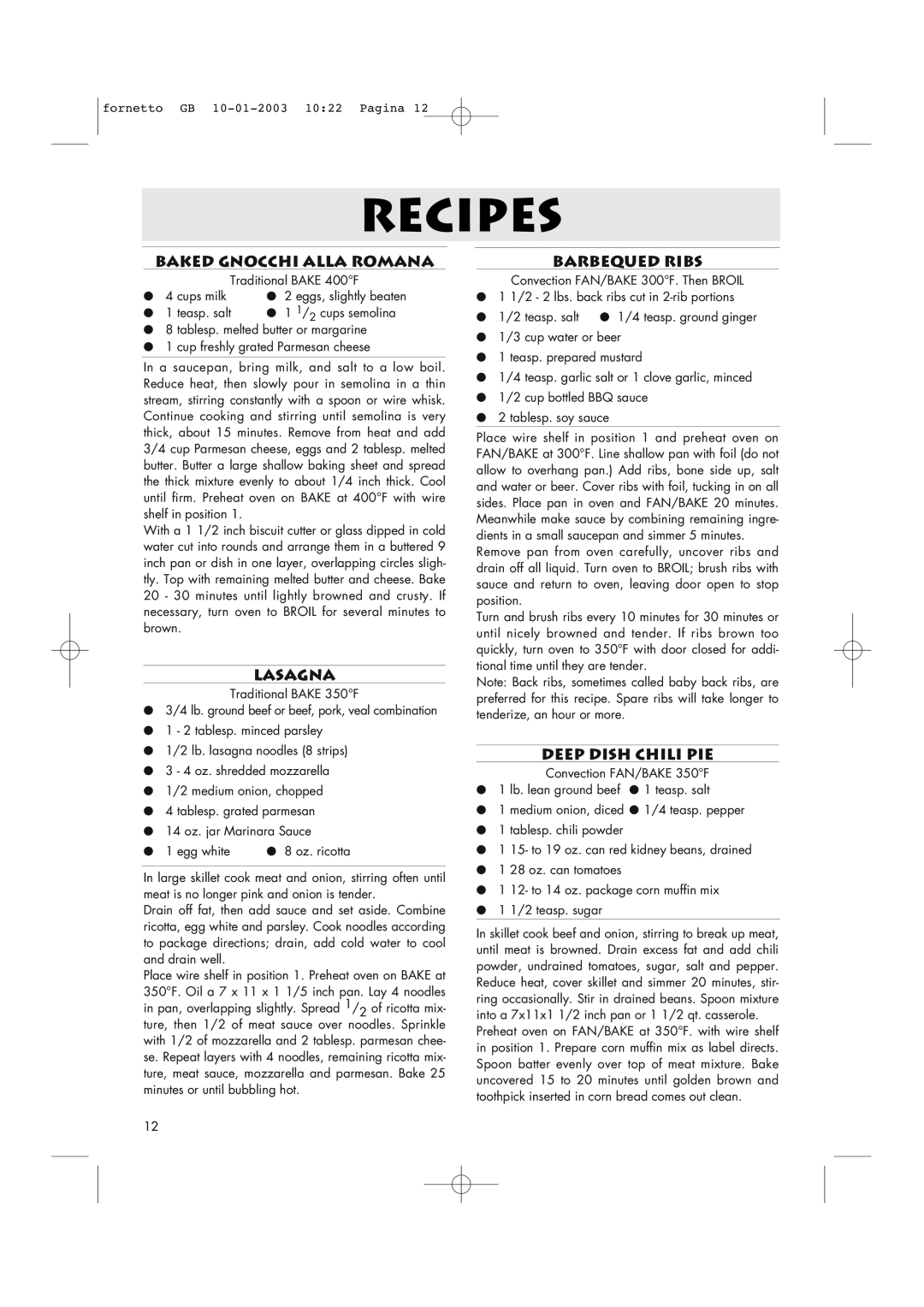 DeLonghi AR690 manual Baked Gnocchi Alla Romana, Lasagna, Barbequed Ribs, Deep Dish Chili Pie, Recipes 