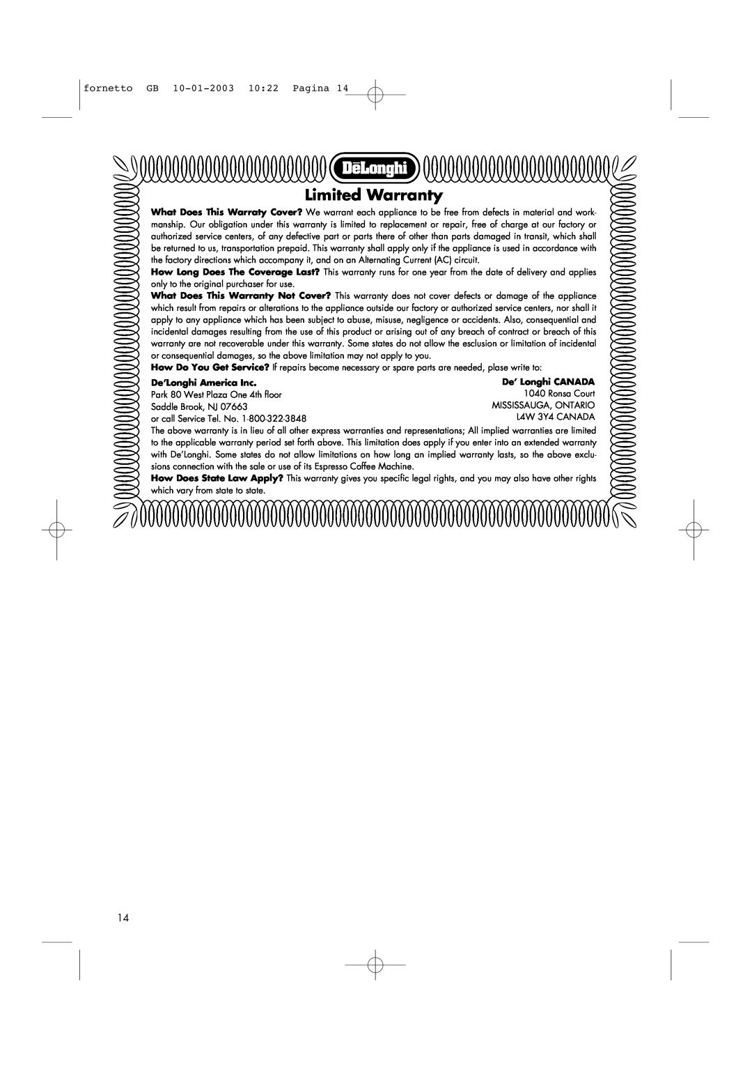 DeLonghi AR690 manual Limited Warranty, fornetto GB 10-01-200310 22 Pagina, De’Longhi America Inc 