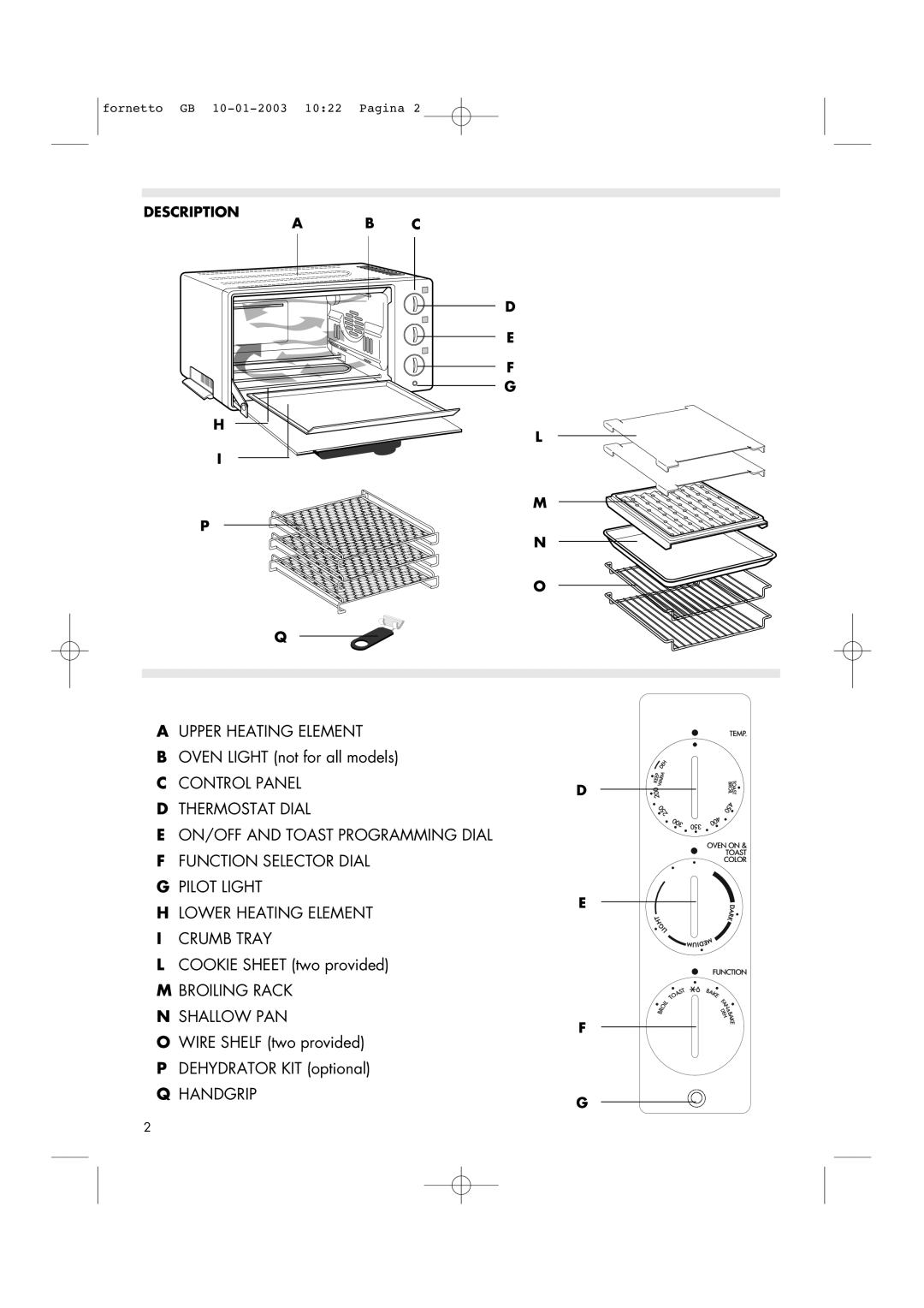 DeLonghi AR690 manual Description H I P, A B C D E F G L M N O Q, Aupper Heating Element, Dthermostat Dial 