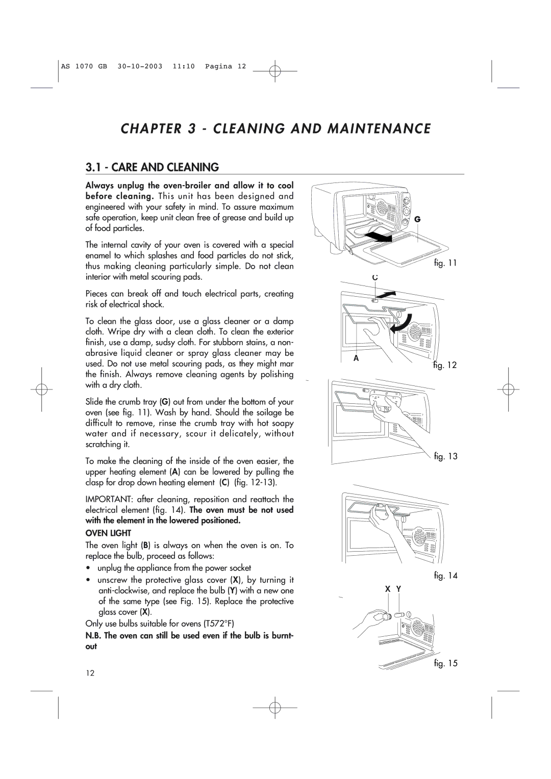 DeLonghi AS-1070 manual Cleaning and Maintenance, Care and Cleaning, Oven Light 