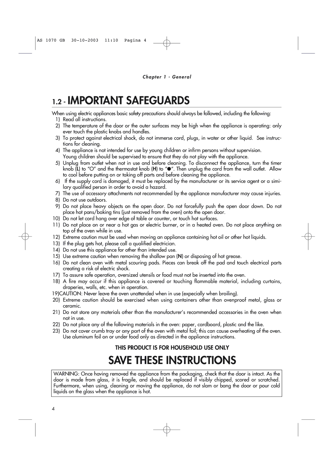 DeLonghi AS-1070 manual Important Safeguards 