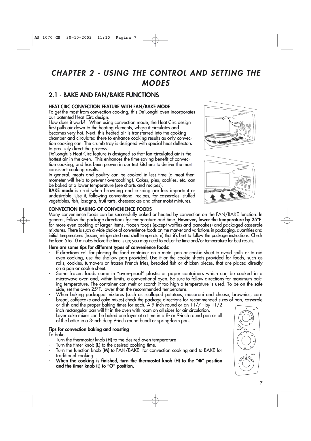 DeLonghi AS-1070 Using the Control and Setting Modes, Bake and FAN/BAKE Functions, Convection Baking of Convenience Foods 