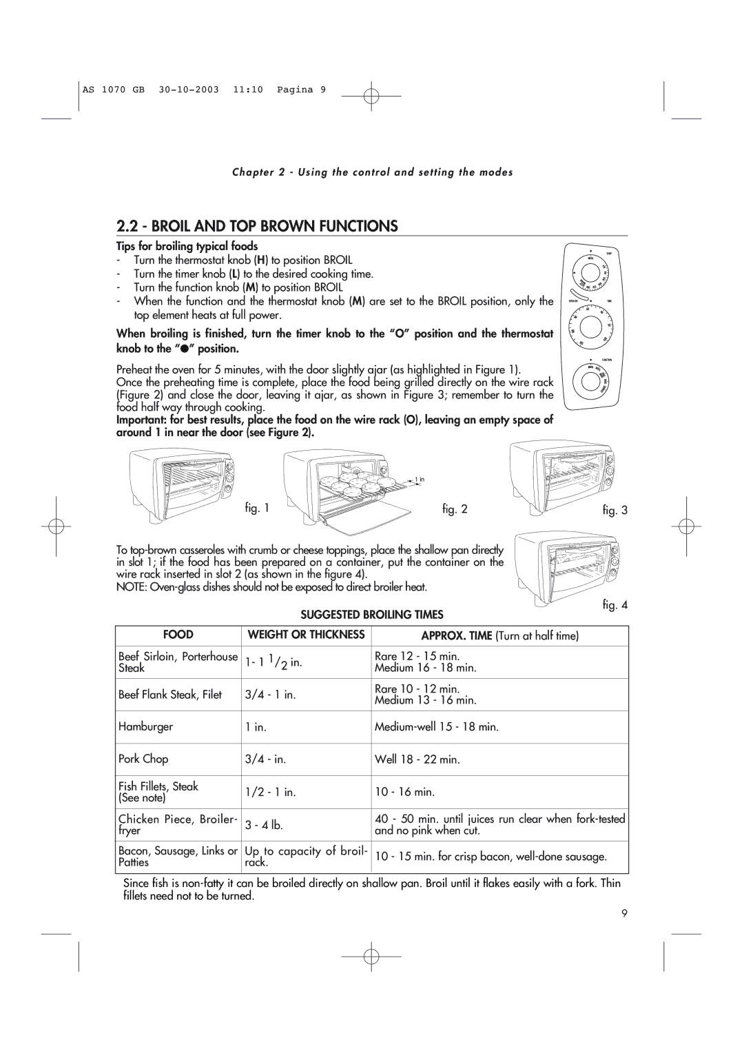 DeLonghi AS-1070 manual Broil and TOP Brown Functions, Suggested Broiling Times Food, APPROX. Time Turn at half time 