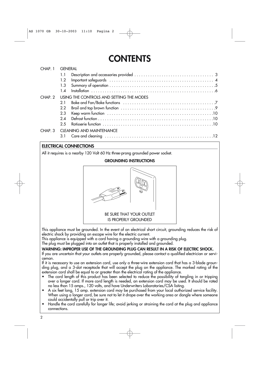 DeLonghi AS-1070 manual Contents, Electrical Connections 