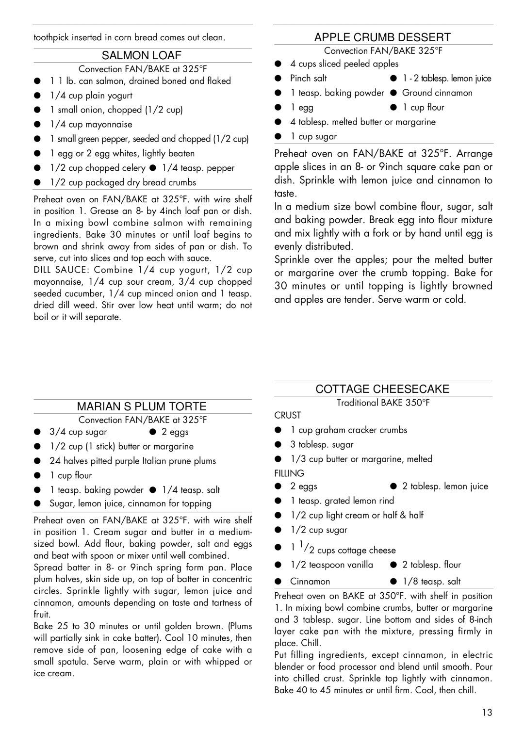 DeLonghi AS 670 manual Salmon Loaf, Apple Crumb Dessert, MARIAN’S Plum Torte, Cottage Cheesecake 