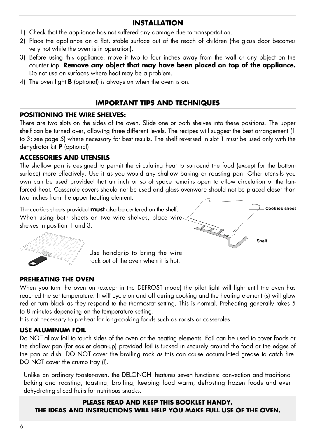 DeLonghi AS 670 manual Installation, Important Tips and Techniques 