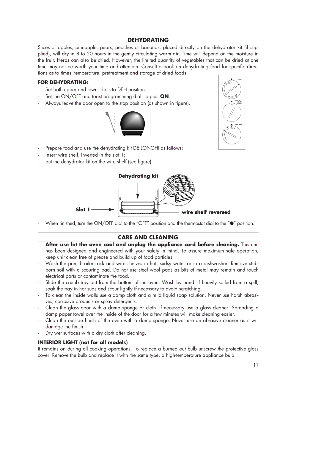 DeLonghi AS40U manual Care and Cleaning, For Dehydrating, Dehydrating kit Slot Wire shelf reversed 