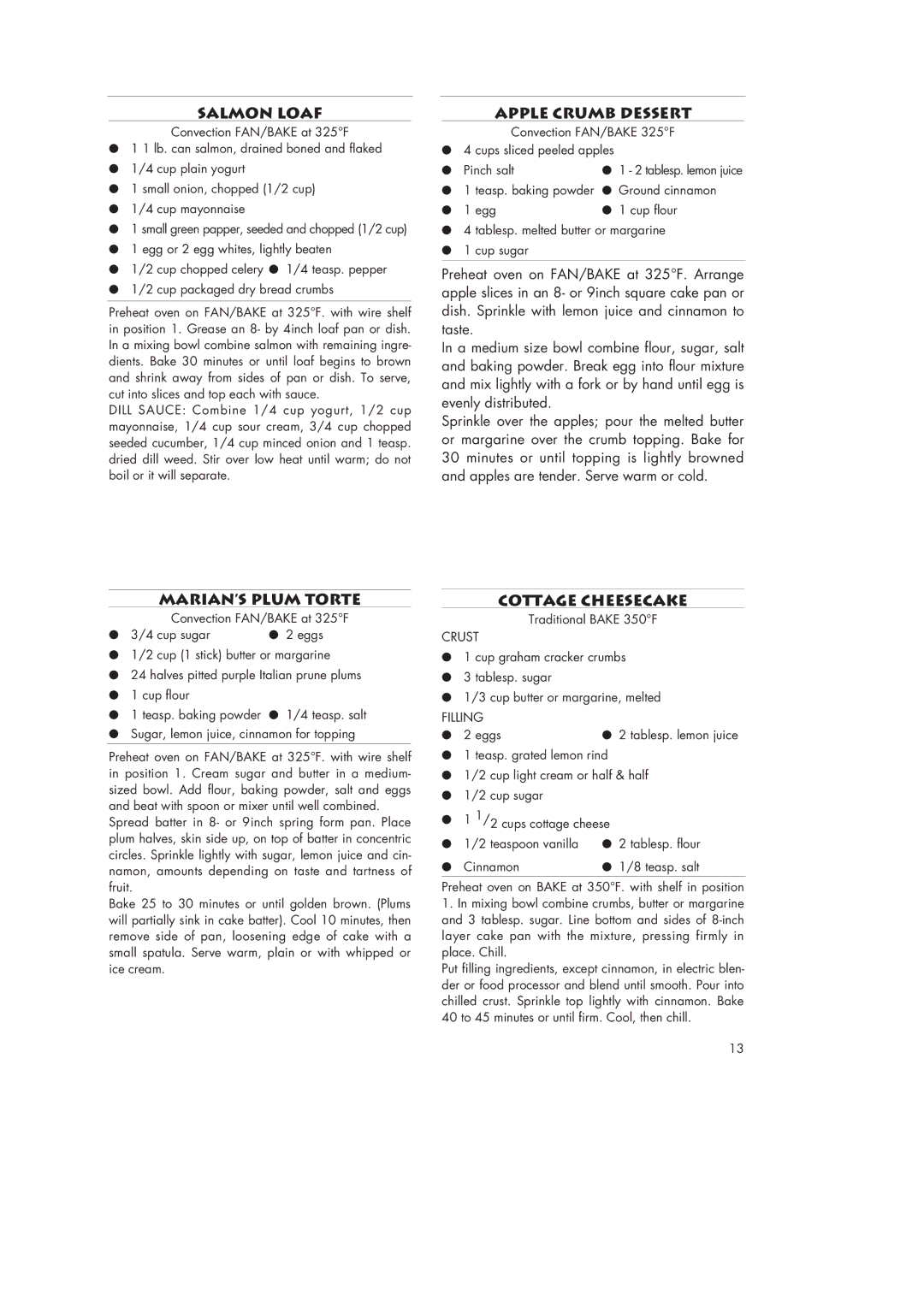 DeLonghi AS40U manual Salmon Loaf, Apple Crumb Dessert, MARIAN’S Plum Torte, Cottage Cheesecake 