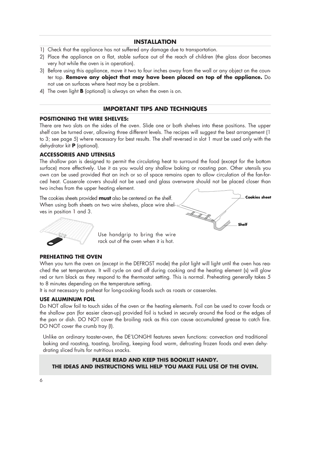 DeLonghi AS40U manual Installation, Important Tips and Techniques 