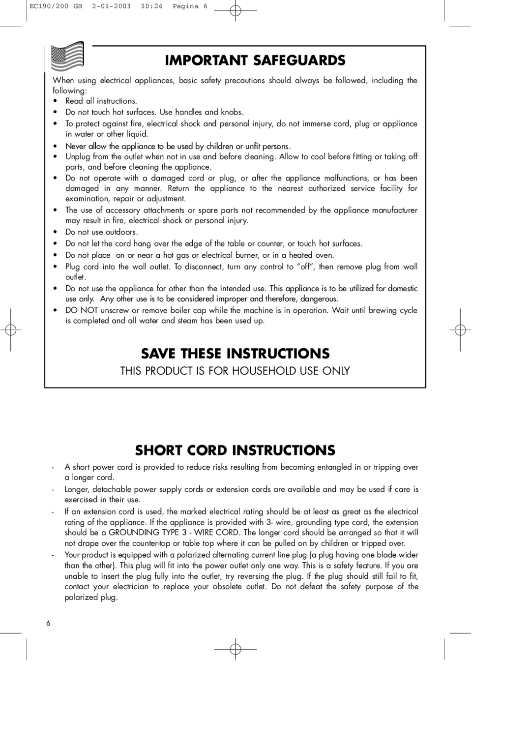 DeLonghi BAR 32 manual Important Safeguards 
