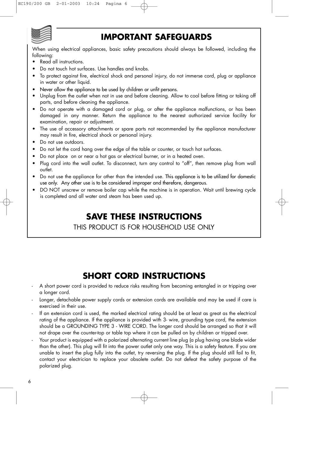 DeLonghi BAR 32 manual Important Safeguards, Save These Instructions, Short Cord Instructions 