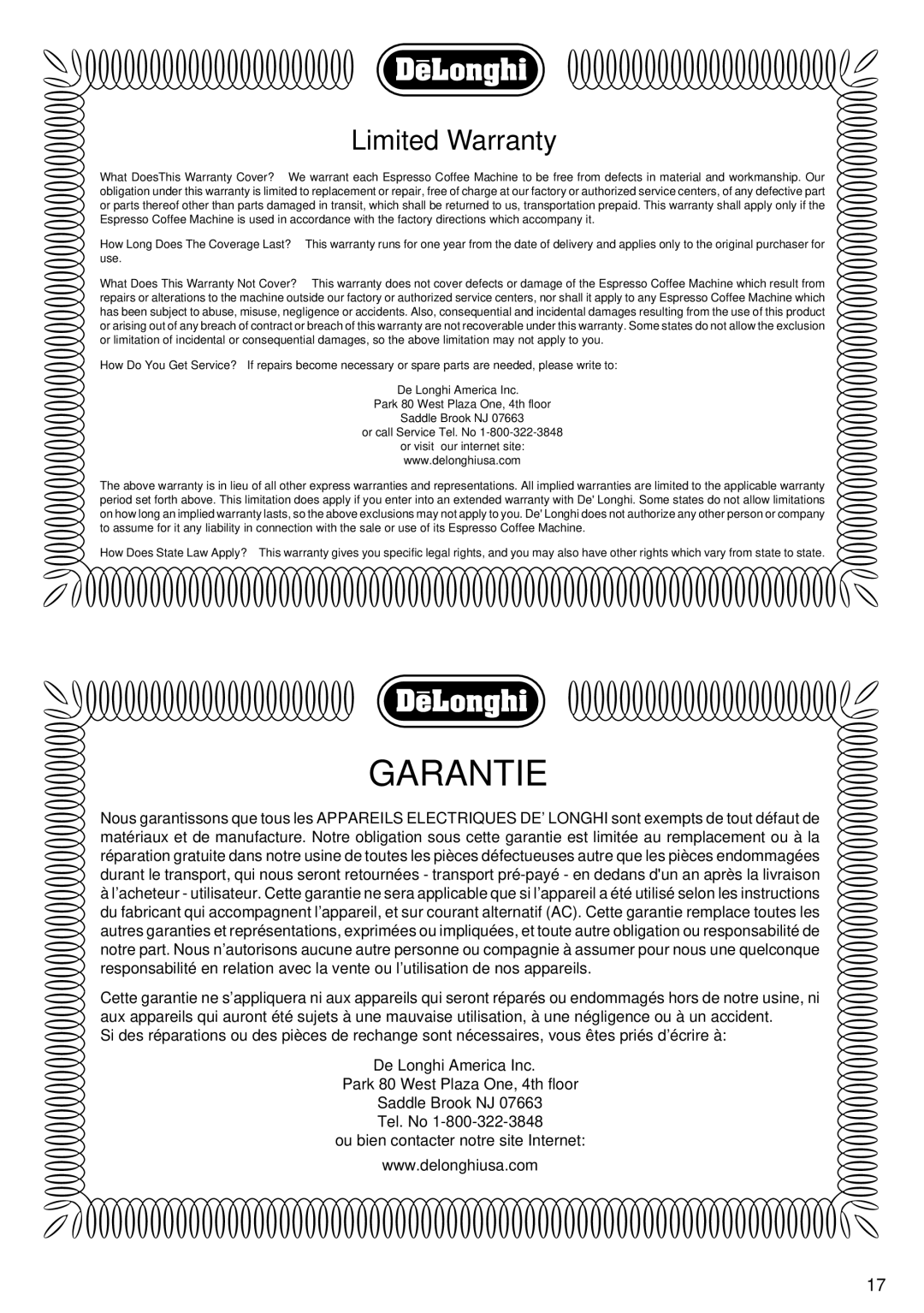 DeLonghi BAR6 manual Garantie 