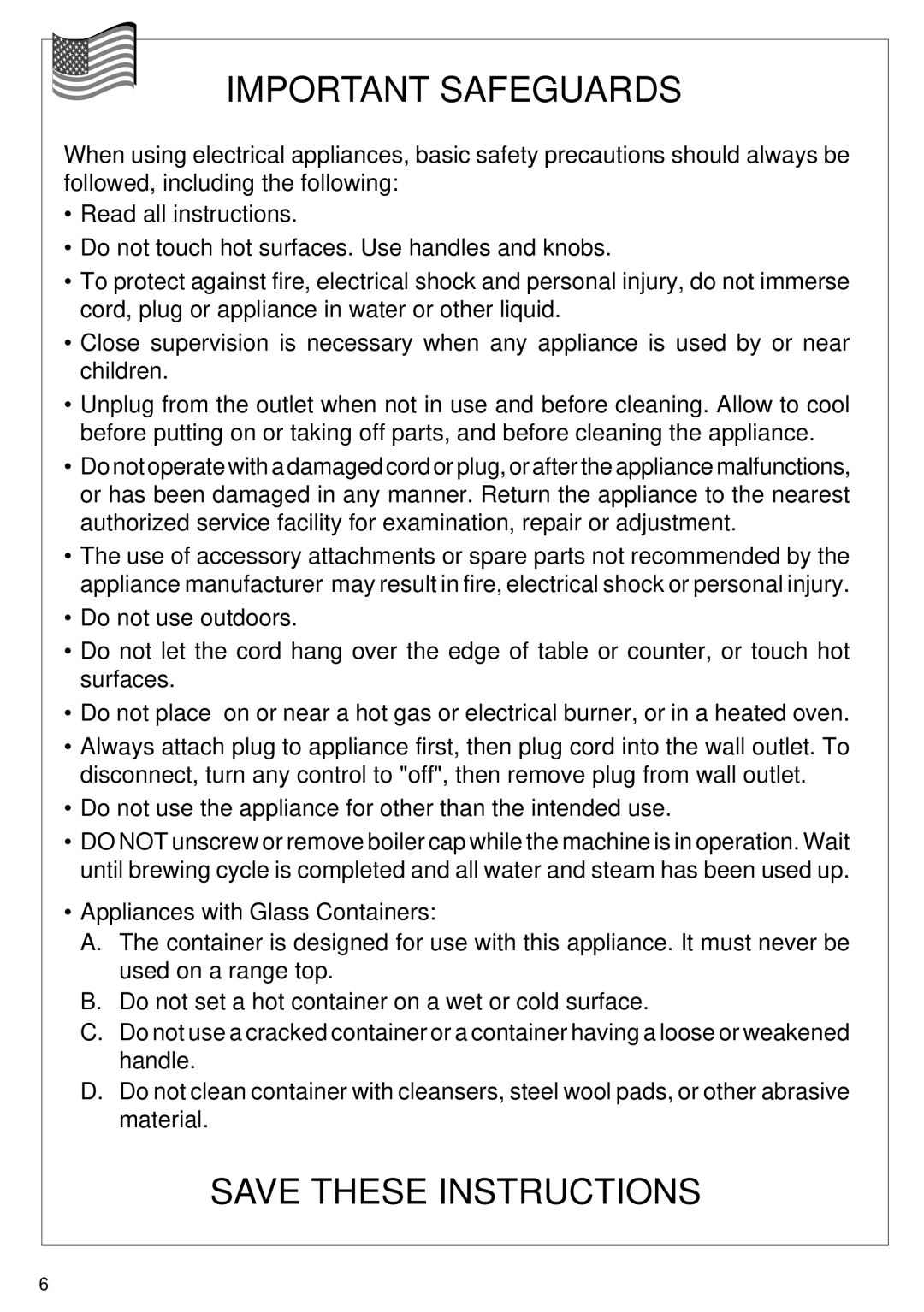 DeLonghi BAR6 manual Important Safeguards 