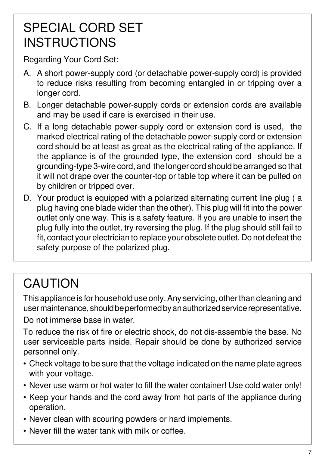 DeLonghi BAR6 manual Special Cord SET Instructions 