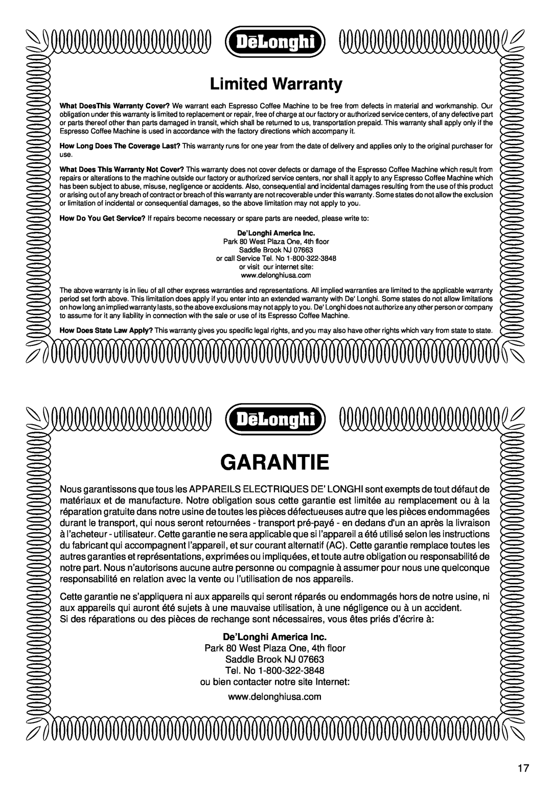 DeLonghi BAR6 manual Garantie, Limited Warranty, De’Longhi America Inc 