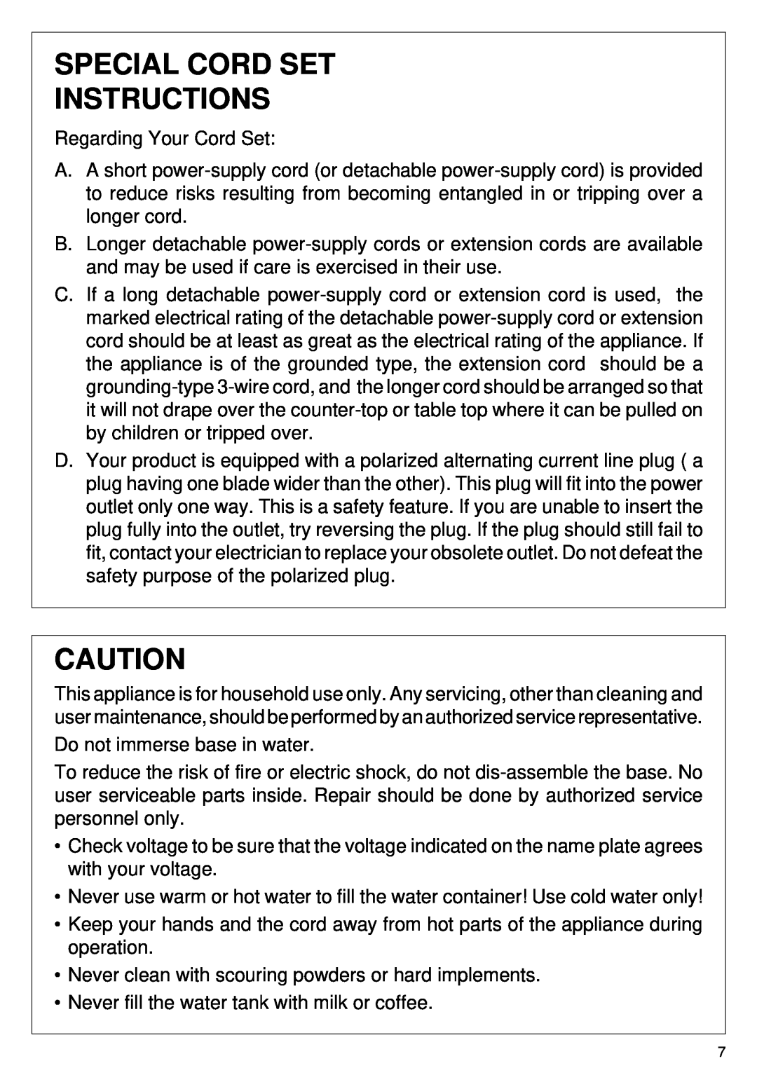 DeLonghi BAR6 manual Special Cord Set Instructions 