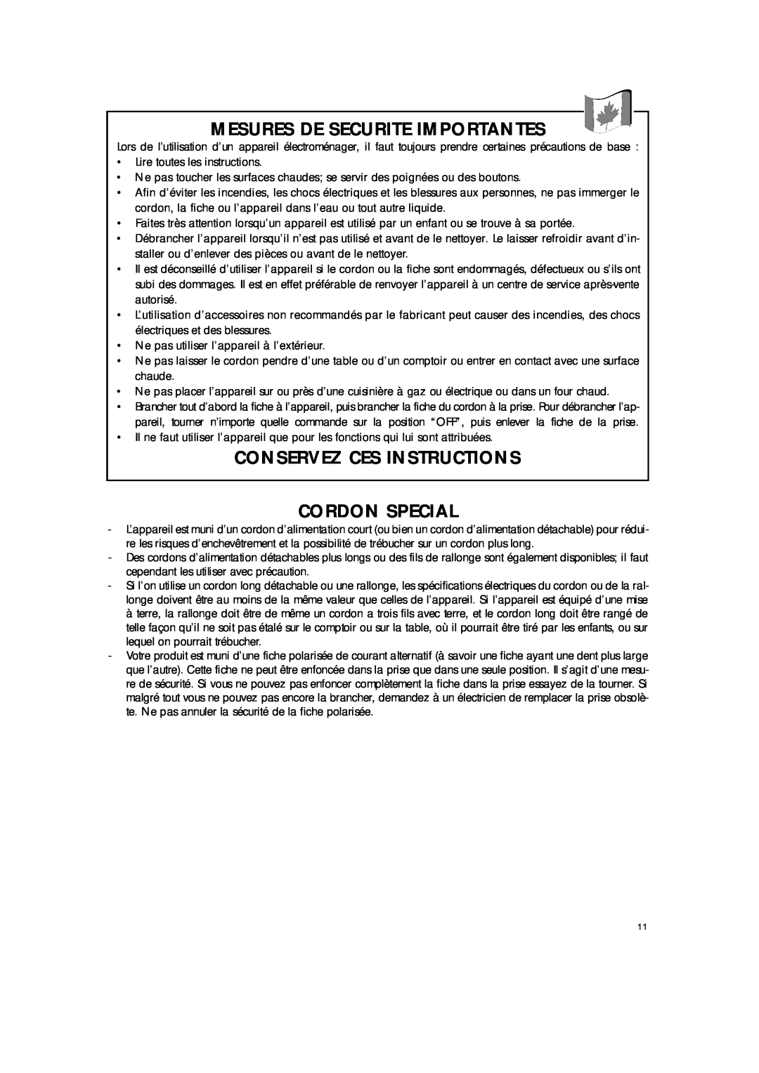 DeLonghi BAR8 manual Mesures De Securite Importantes, Conservez Ces Instructions Cordon Special 