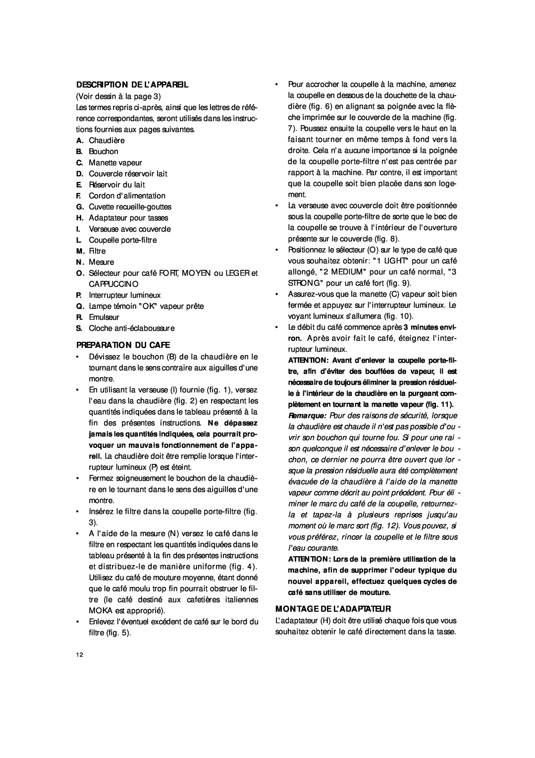 DeLonghi BAR8 manual Description De Lappareil, Preparation Du Cafe, Montage De Ladaptateur 