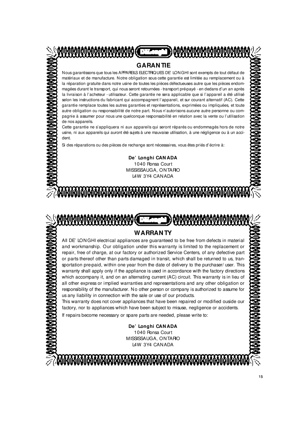 DeLonghi BAR8 manual Garantie, Warranty, De’ Longhi CANADA 