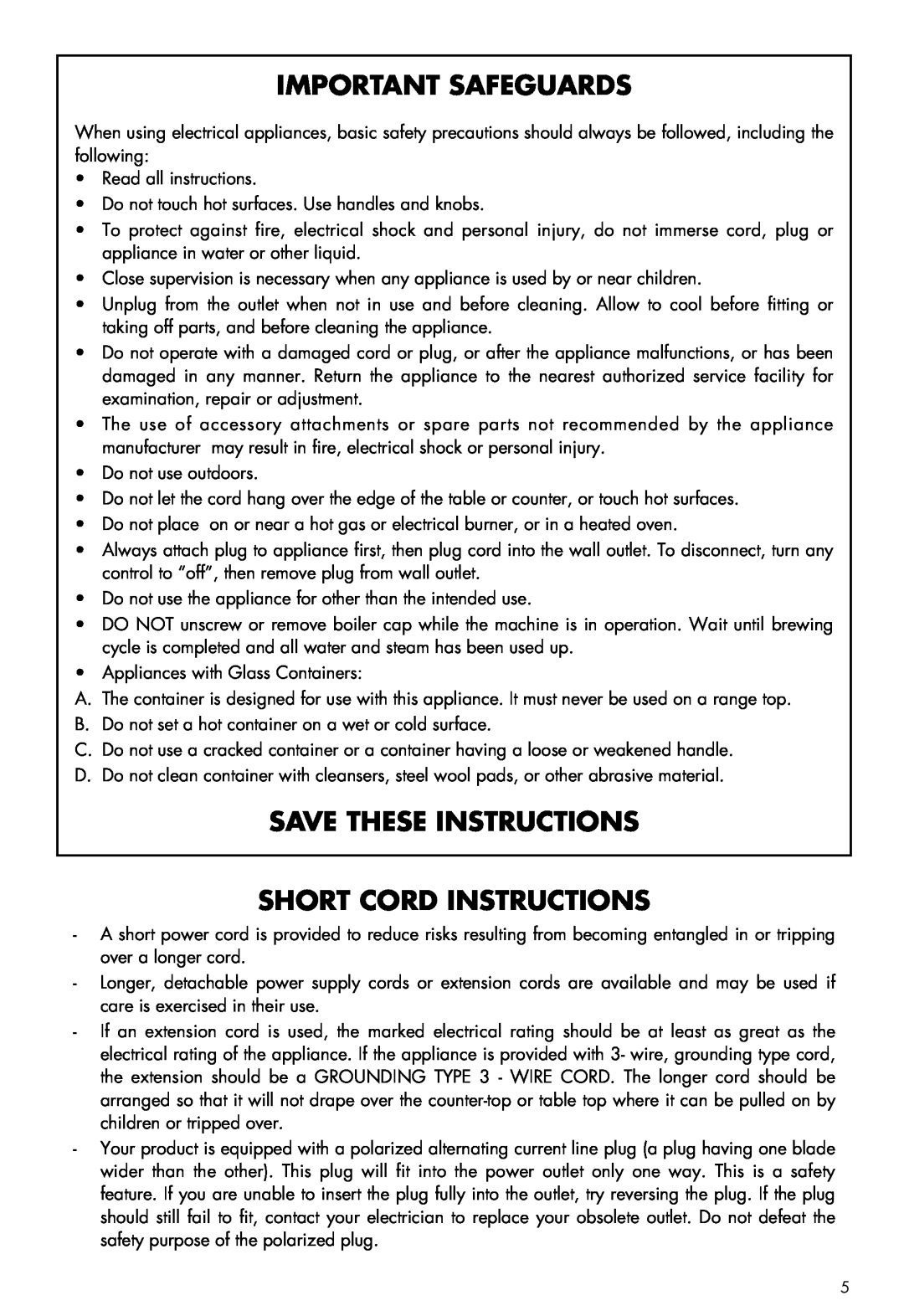 DeLonghi BC080 manual Important Safeguards, Save These Instructions Short Cord Instructions 