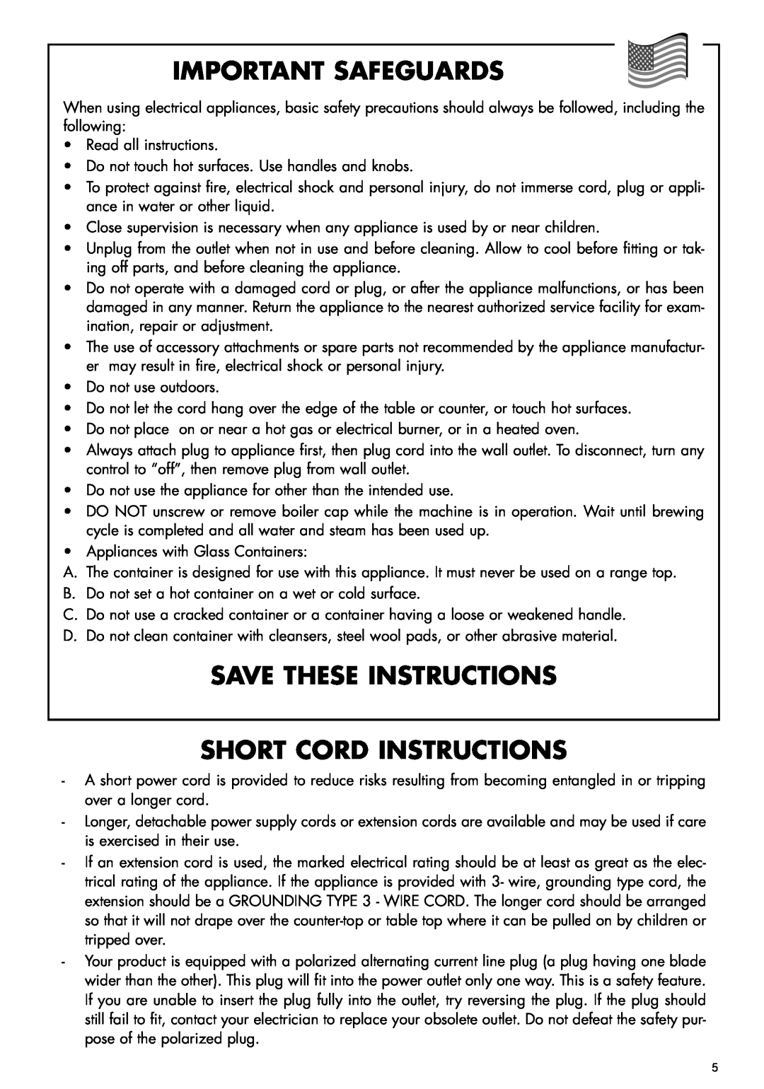 DeLonghi BCO110 manual Important Safeguards, Save These Instructions Short Cord Instructions 