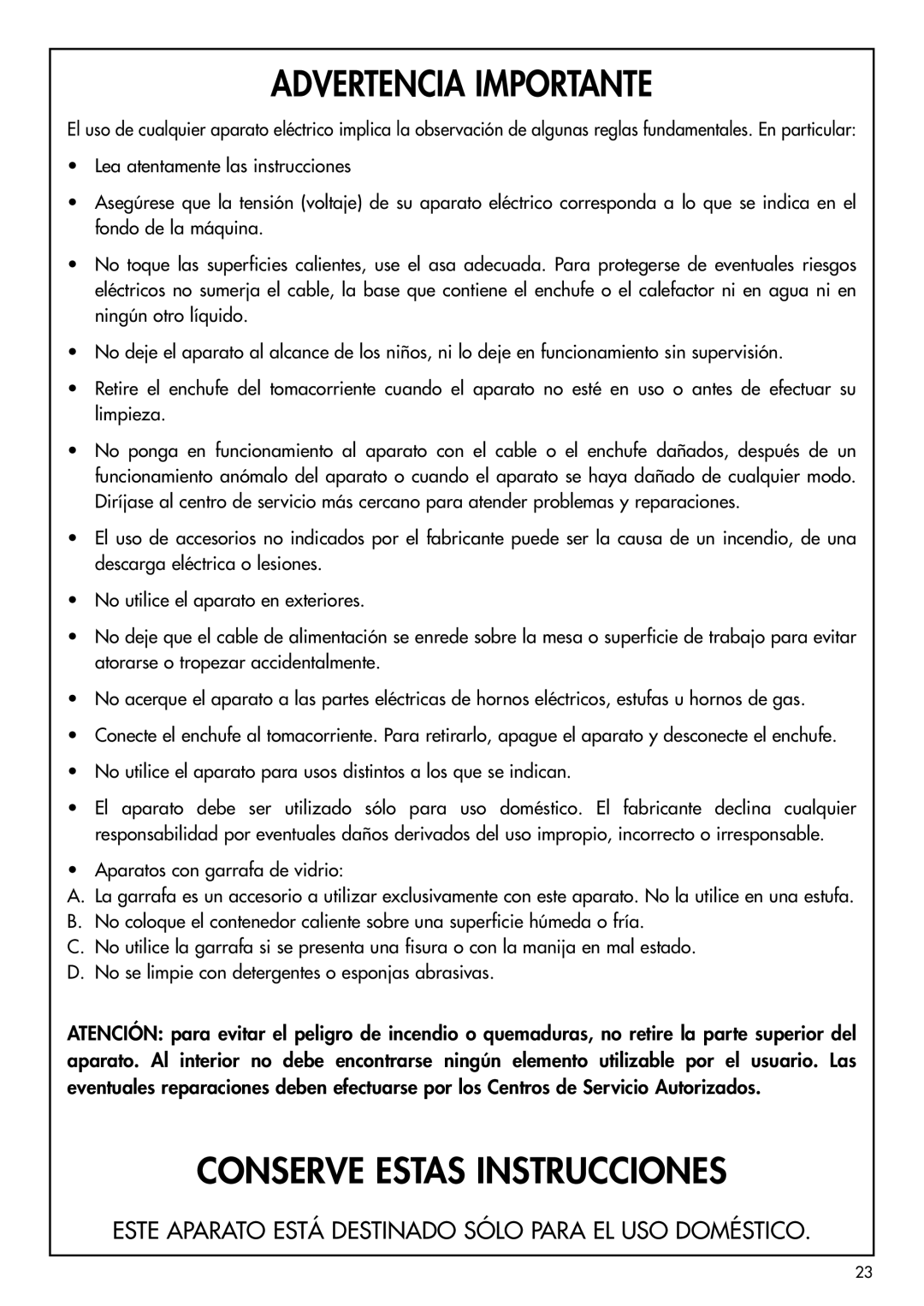 DeLonghi BCO120T manual Advertencia Importante 