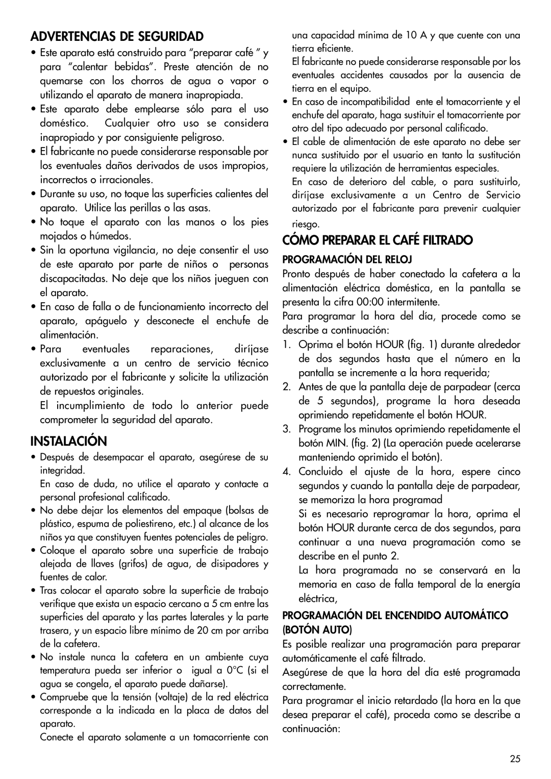 DeLonghi BCO120T manual Advertencias DE Seguridad, Instalación, Cómo Preparar EL Café Filtrado, Programación DEL Reloj 