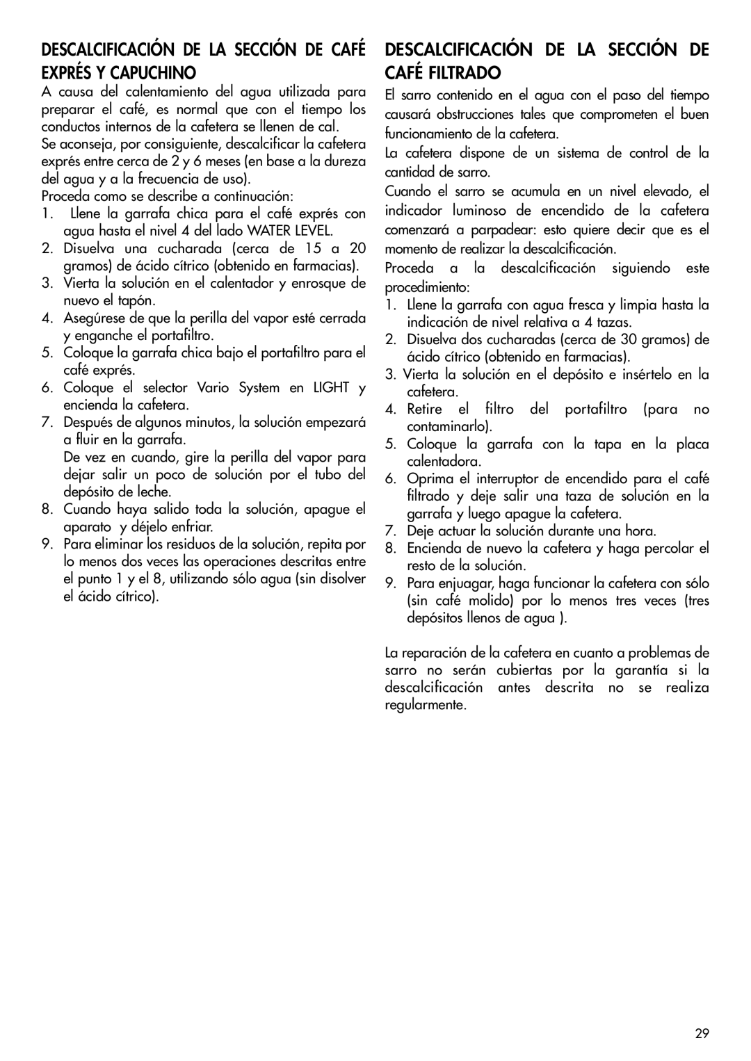 DeLonghi BCO120T manual Descalcificación De La Sección De Café Exprés Y Capuchino 