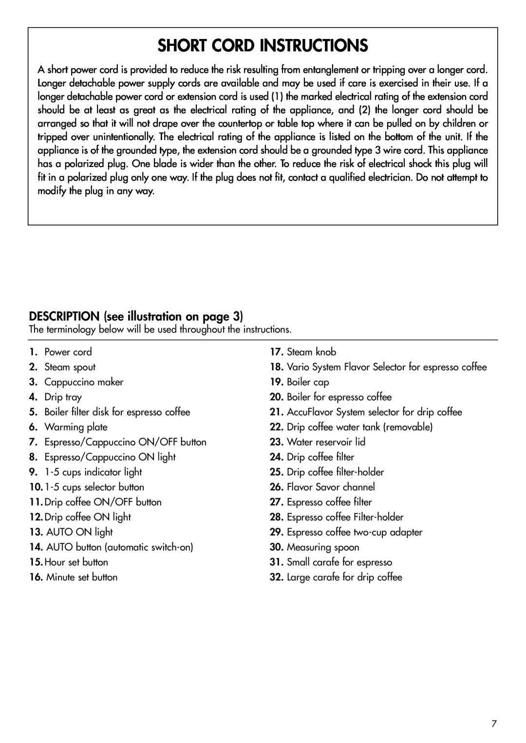 DeLonghi BCO120T manual Short Cord Instructions, DESCRIPTION see illustration on page 