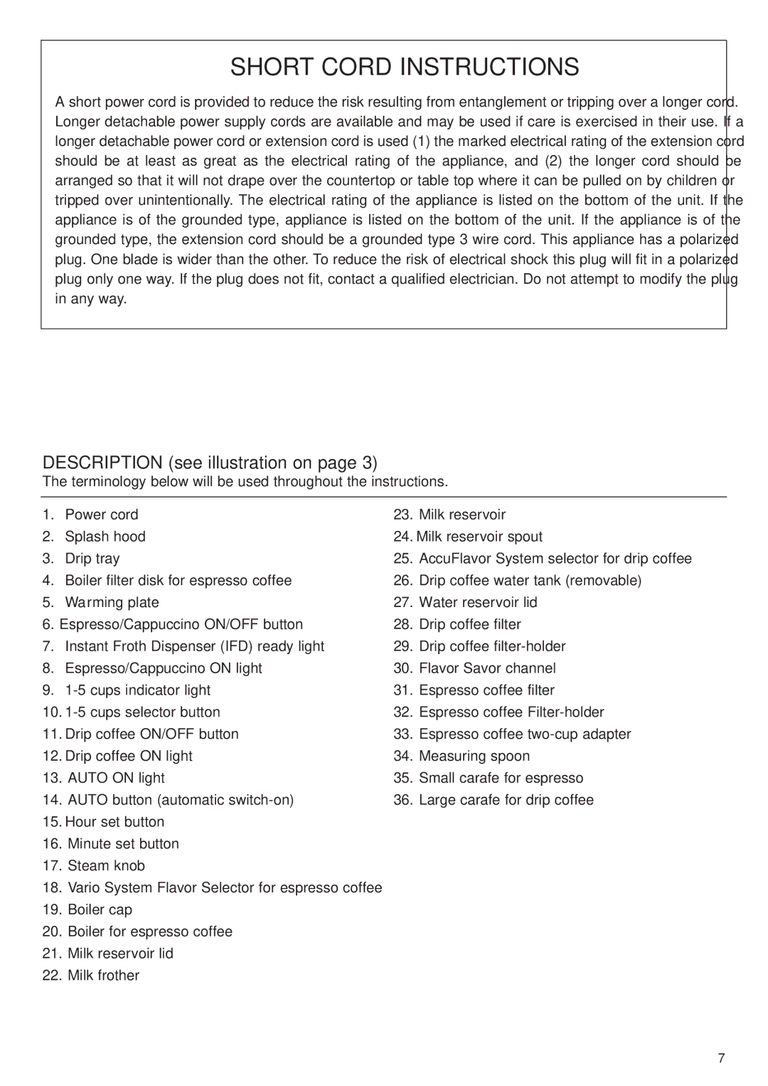 DeLonghi BCO130T manual Short Cord Instructions 