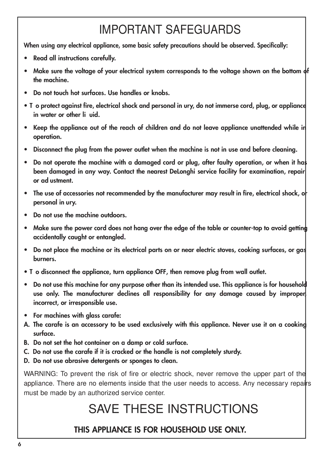 DeLonghi BCO130T manual Important Safeguards 