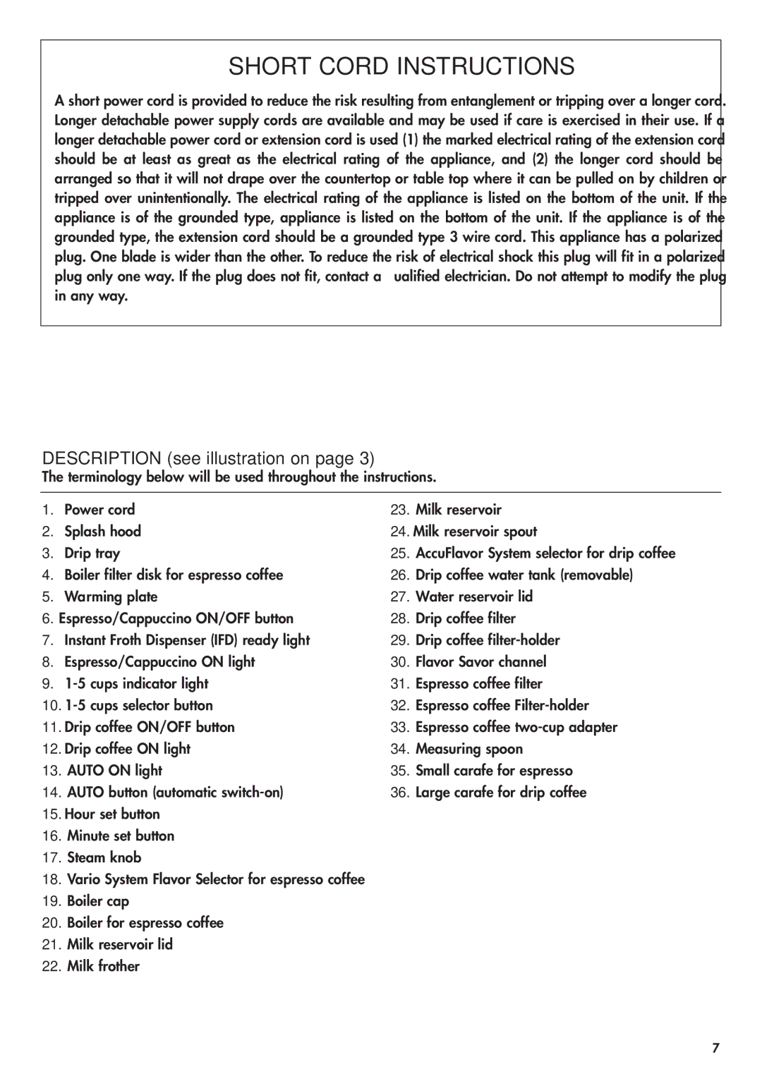 DeLonghi BCO130T manual Short Cord Instructions 