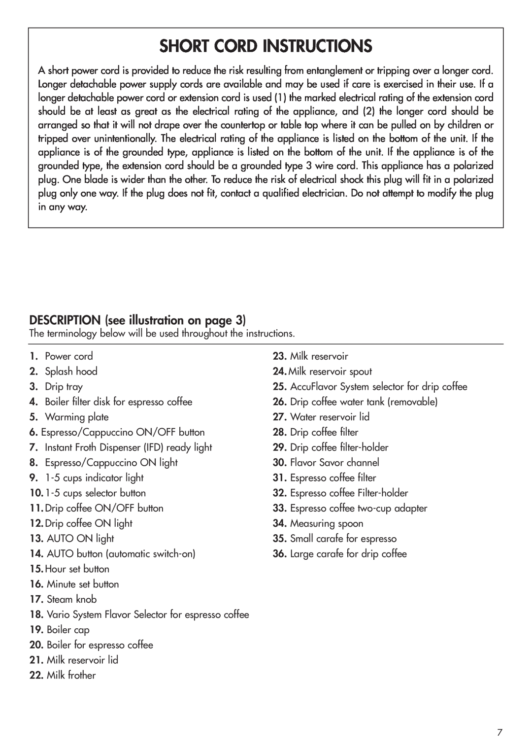 DeLonghi BCO130T manual Short Cord Instructions, DESCRIPTION see illustration on page 