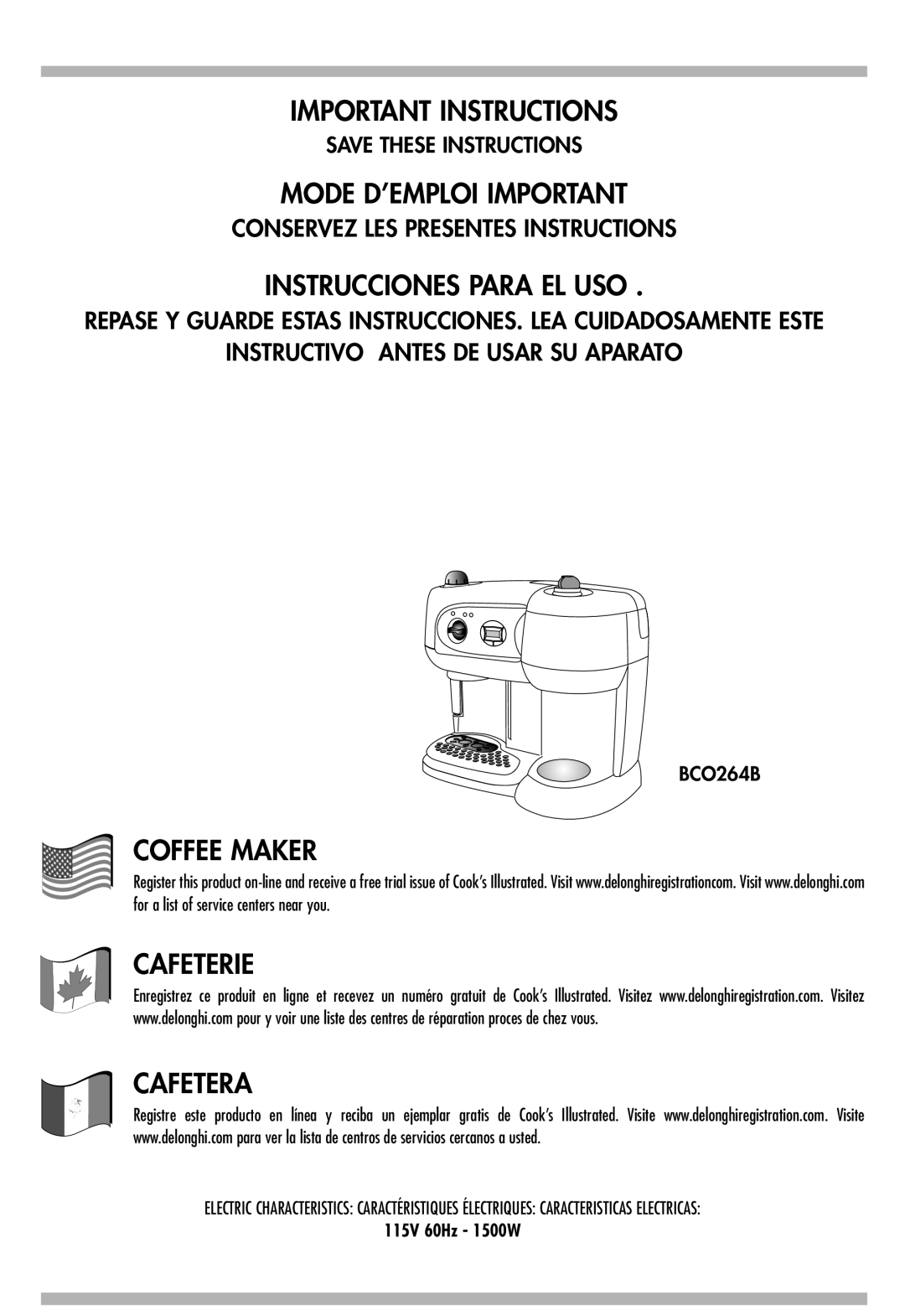 DeLonghi BCO264B manual Important Instructions Mode D’EMPLOI Important 