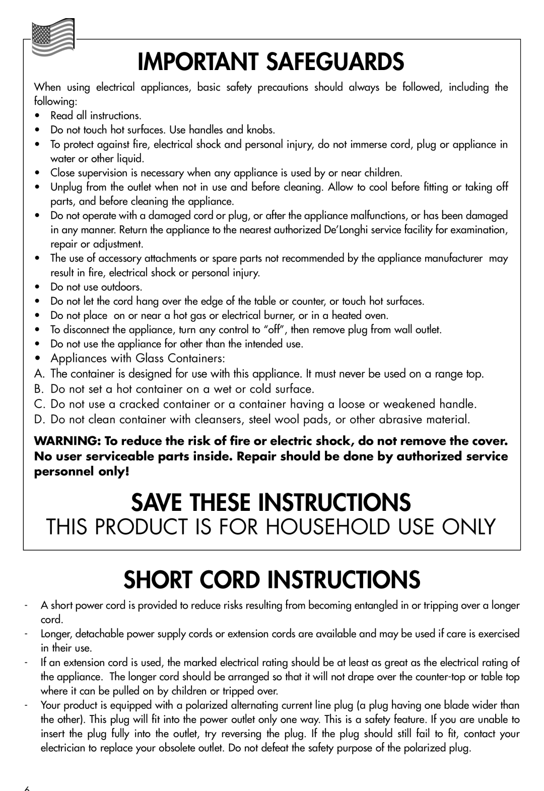 DeLonghi BCO264B manual Important Safeguards 