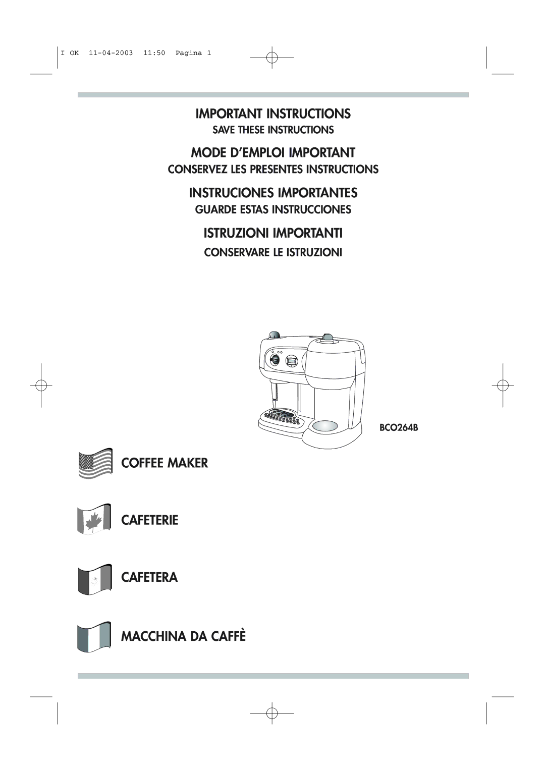 DeLonghi BCO264B manual Important Instructions Mode D’EMPLOI Important 