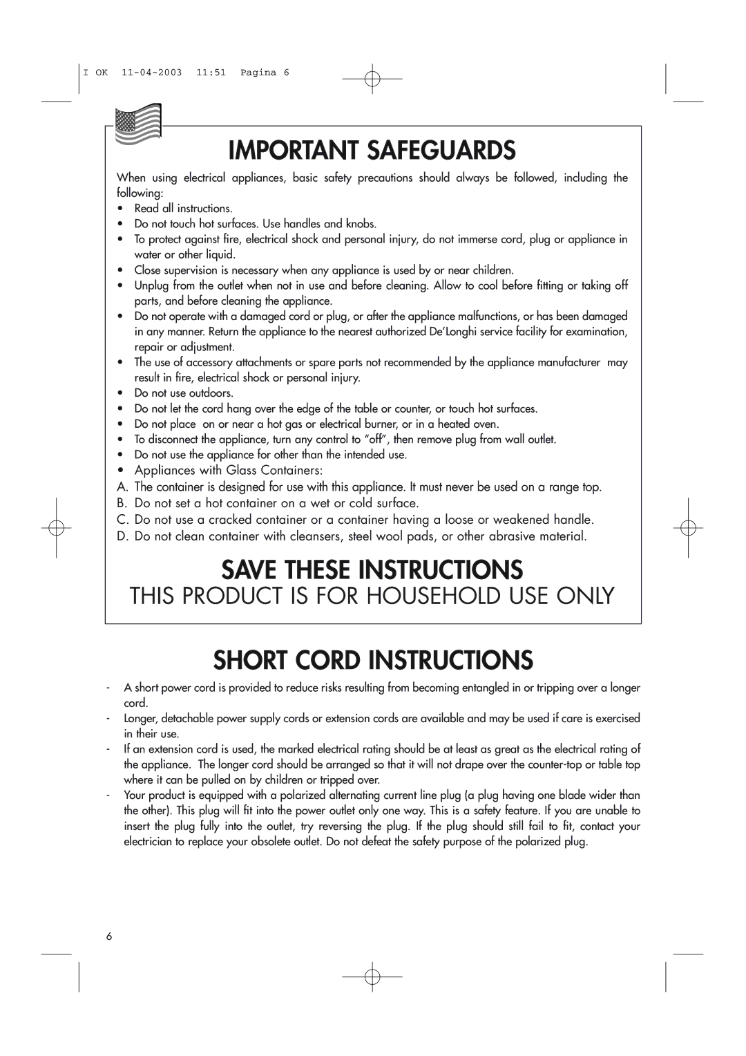 DeLonghi BCO264B manual Important Safeguards 