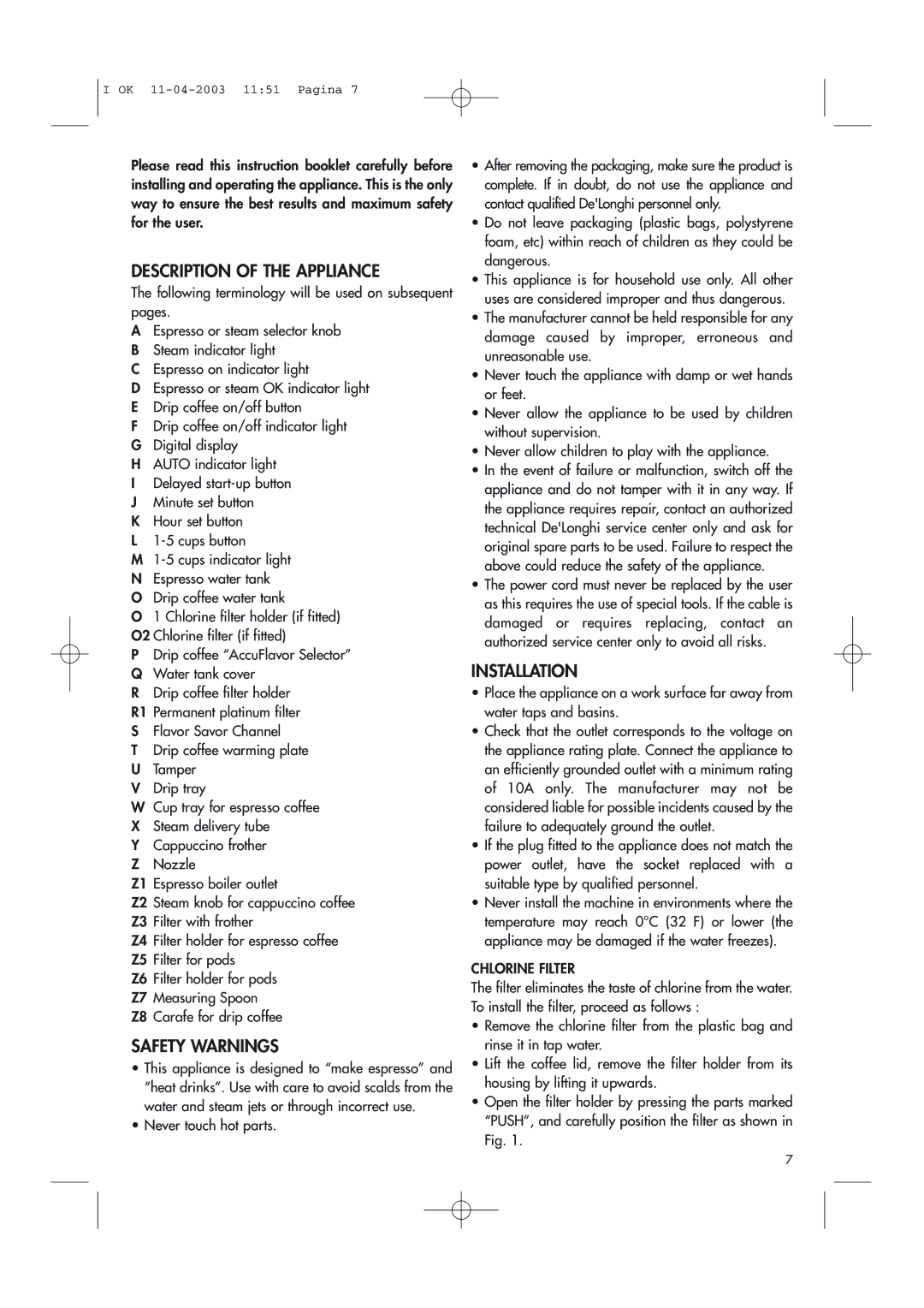 DeLonghi BCO264B manual Description of the Appliance, Safety Warnings, Installation, Chlorine Filter 