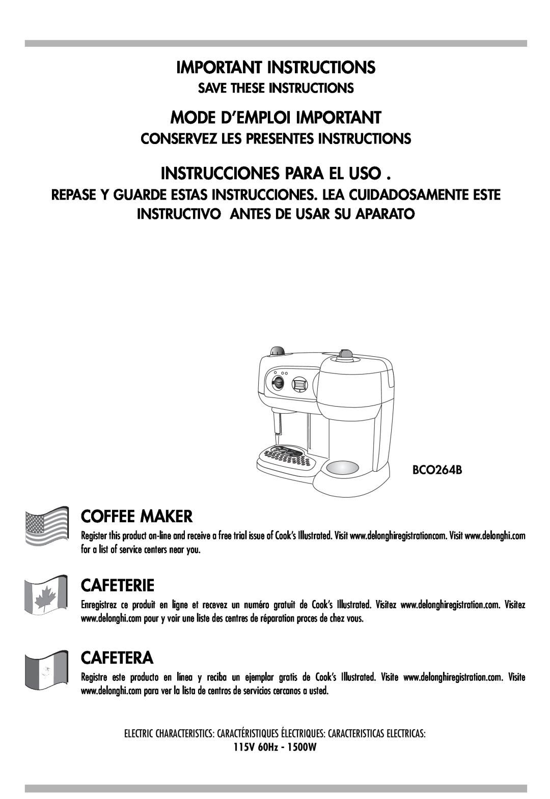 DeLonghi BCO264B manual Conservez Les Presentes Instructions, Instructivo Antes De Usar Su Aparato, Important Instructions 