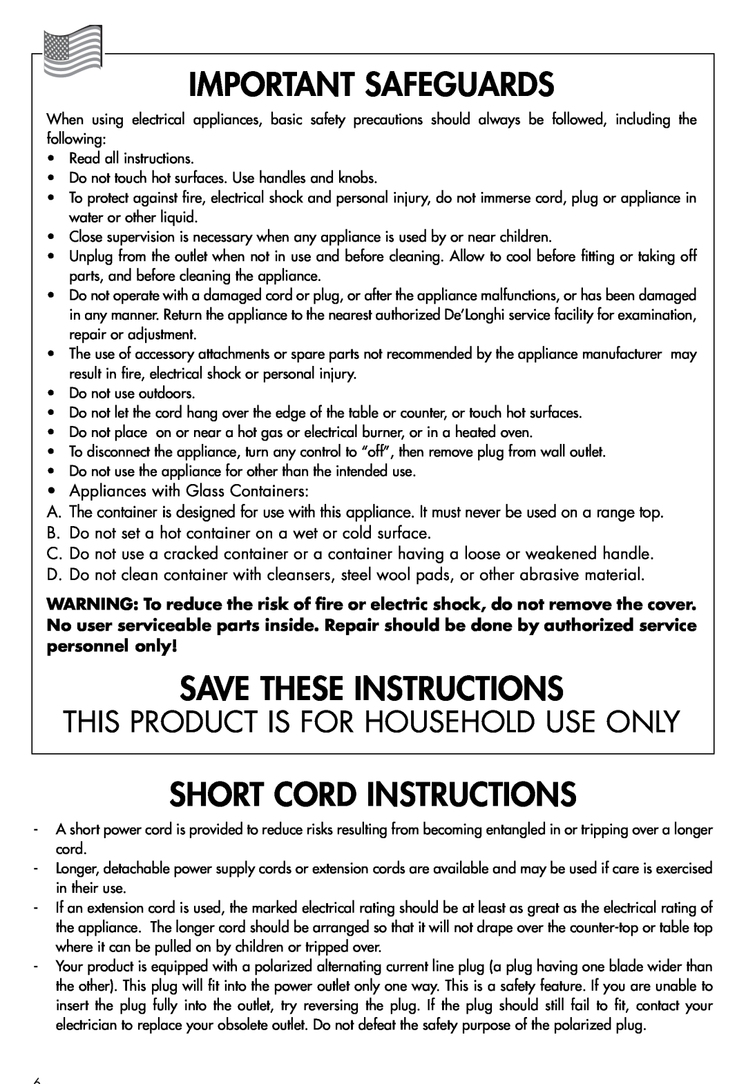 DeLonghi BCO264B manual Important Safeguards, Save These Instructions, Short Cord Instructions 