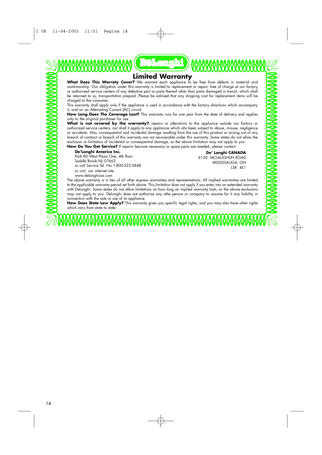 DeLonghi BCO264B manual Limited Warranty, I OK 11-04-2003 1151 Pagina, De’Longhi America Inc 