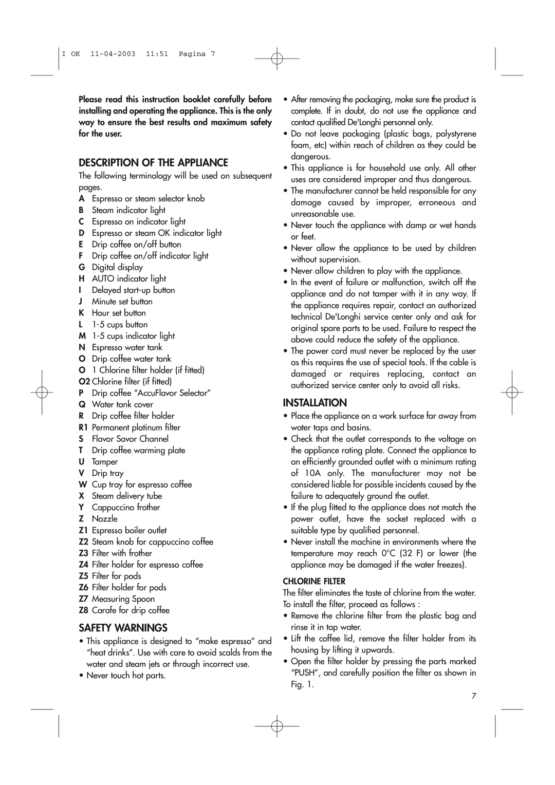 DeLonghi BCO264B manual Description Of The Appliance, Safety Warnings, Installation 