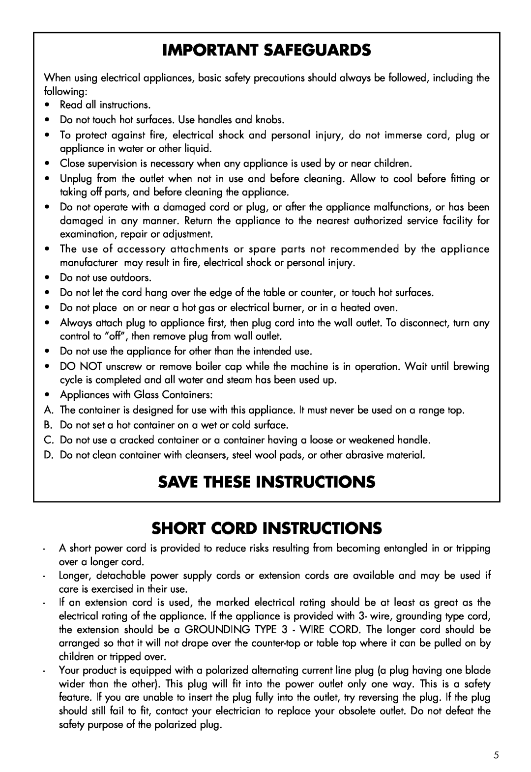 DeLonghi BCO60 manual Important Safeguards, Save These Instructions Short Cord Instructions 