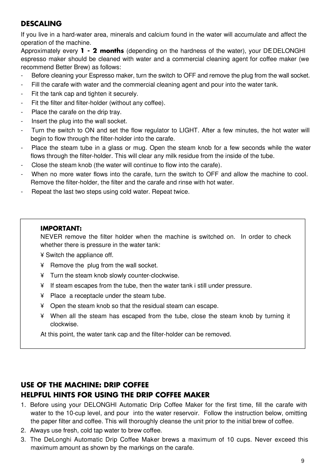 DeLonghi BCO80 manual Descaling 