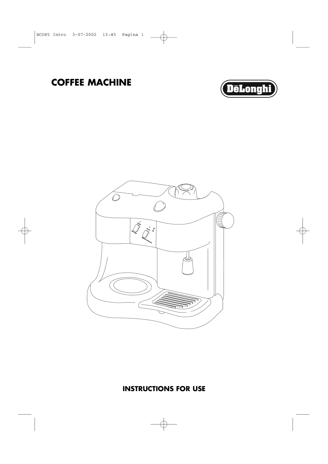 DeLonghi BCO85 GB manual Coffee Machine 