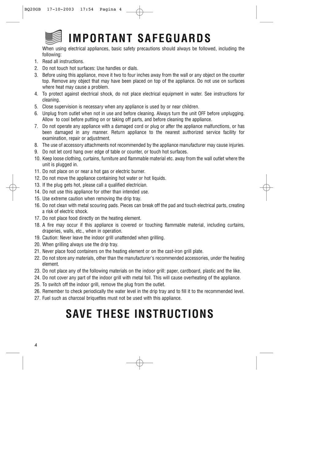 DeLonghi BQ20 manual Important Safeguards, Save These Instructions 