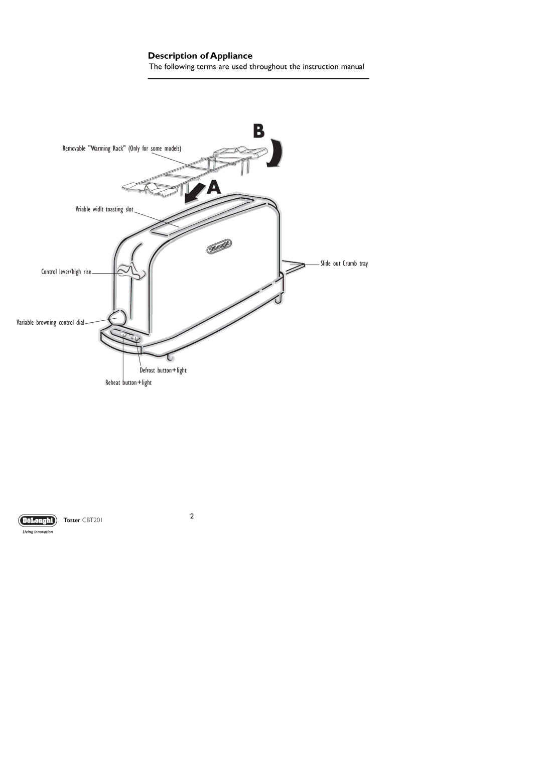 DeLonghi CBT201 manual Description of Appliance 