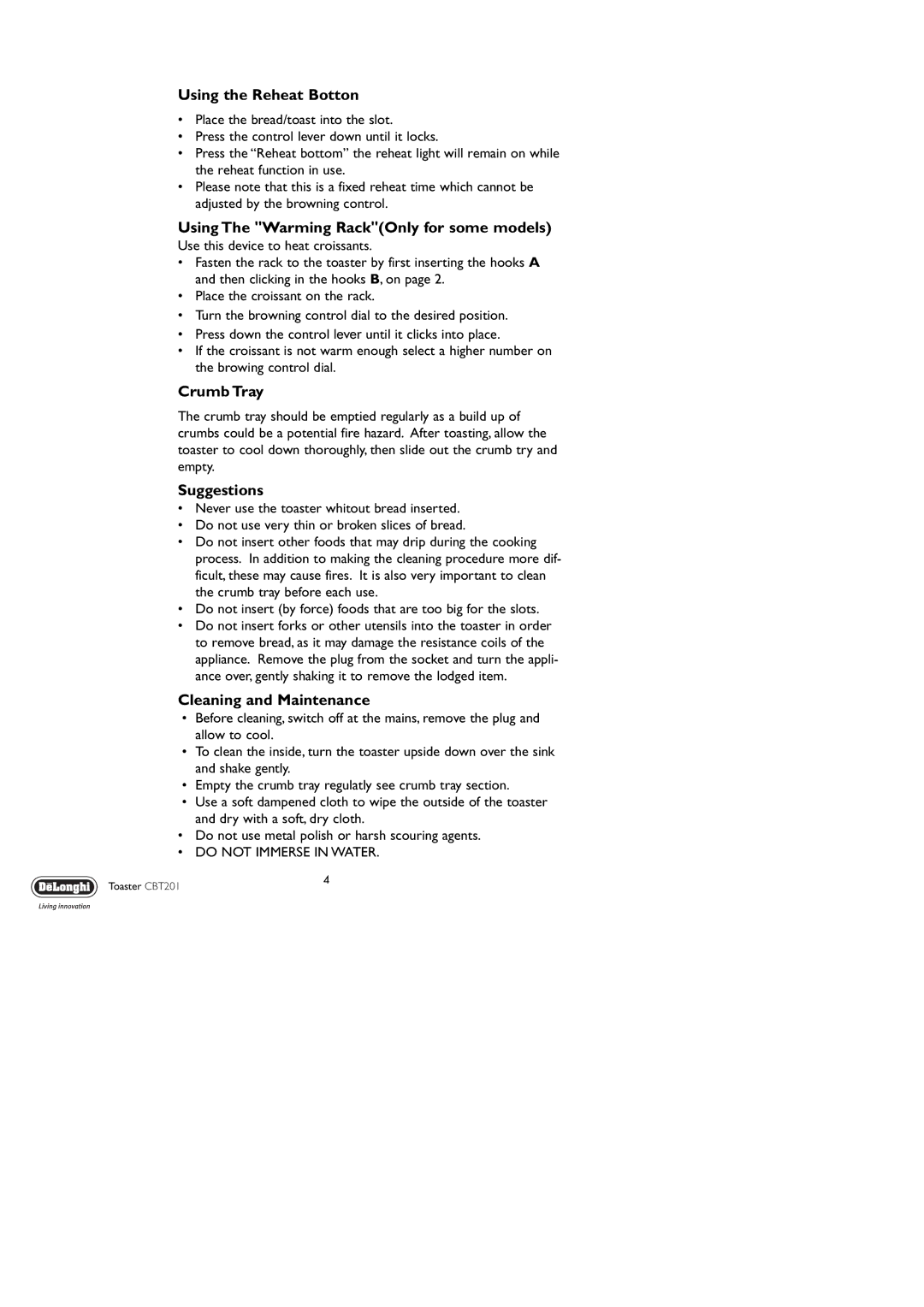 DeLonghi CBT201 manual Using the Reheat Botton, Using The Warming RackOnly for some models, Crumb Tray, Suggestions 